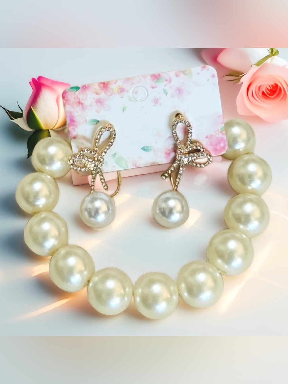 🌷Classy Faux Pearl Rhinestone Bow Drop Earrings & Bracelet Set